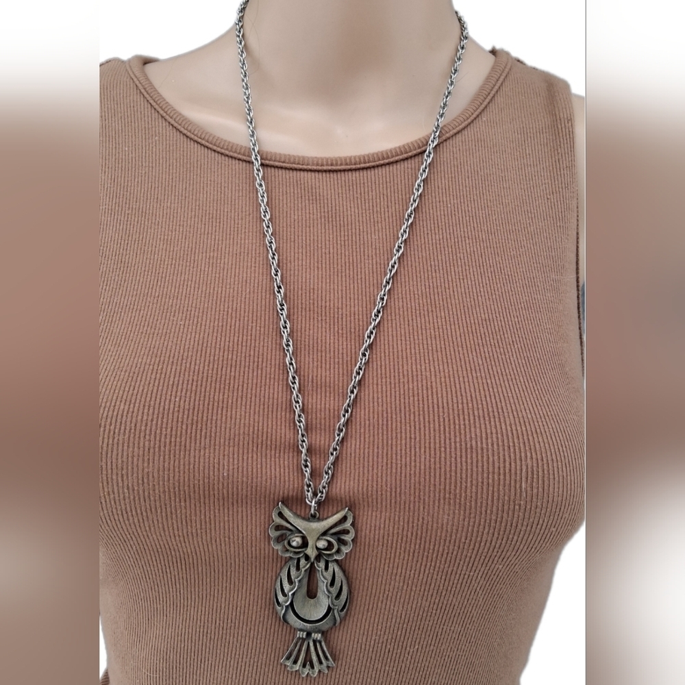 Vintage Signed TORINO Owl Pendant Necklace 70s Pewter Tone Statement